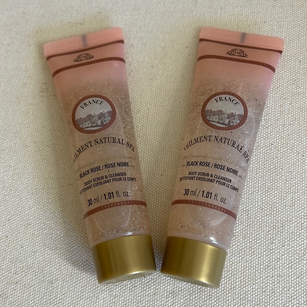 2 New Sealed Travel Size VeILMENT NATURAL SPA Black Rose Body Scrub 1.01 fl. Oz.